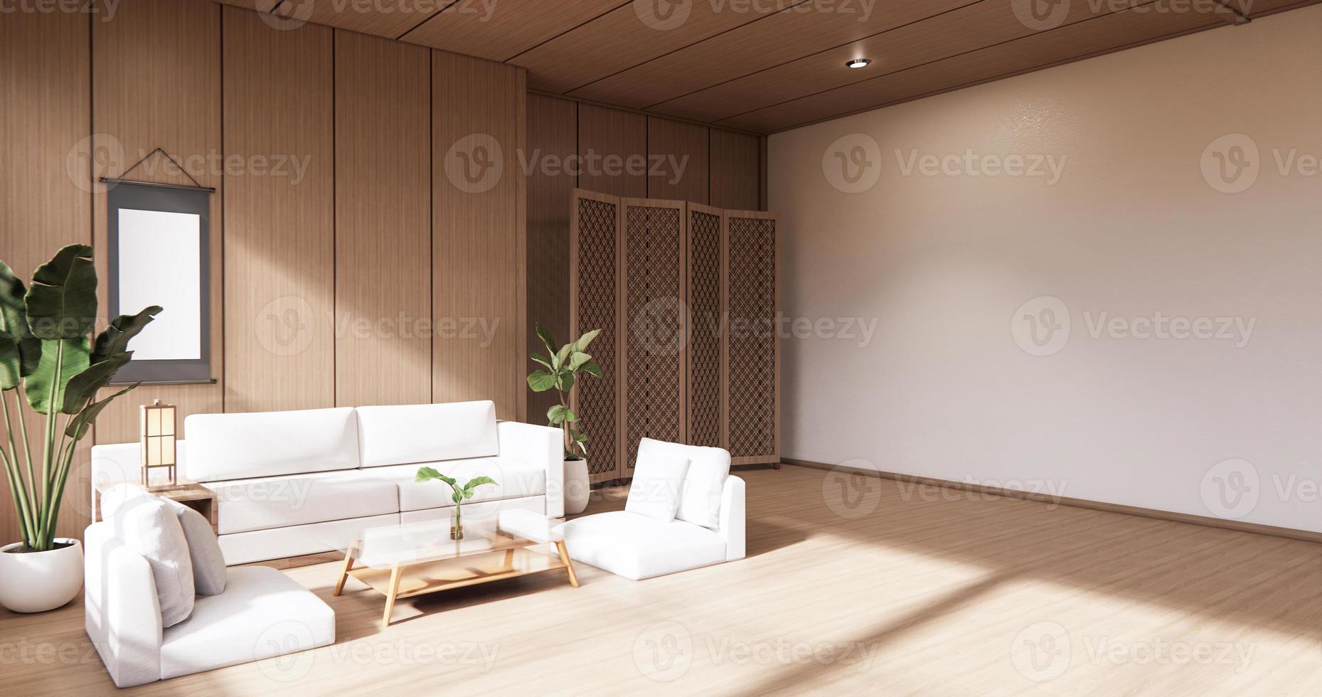 die hölzerne Innenarchitektur, Zen modernes Wohnzimmer im japanischen Stil. 3D-Rendering foto