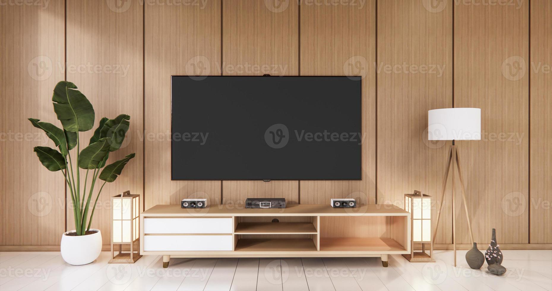 TV auf leerem Wandhintergrund und Wand aus Holz japanisches Design im Wohnzimmer-Zen-Stil. 3D-Rendering foto