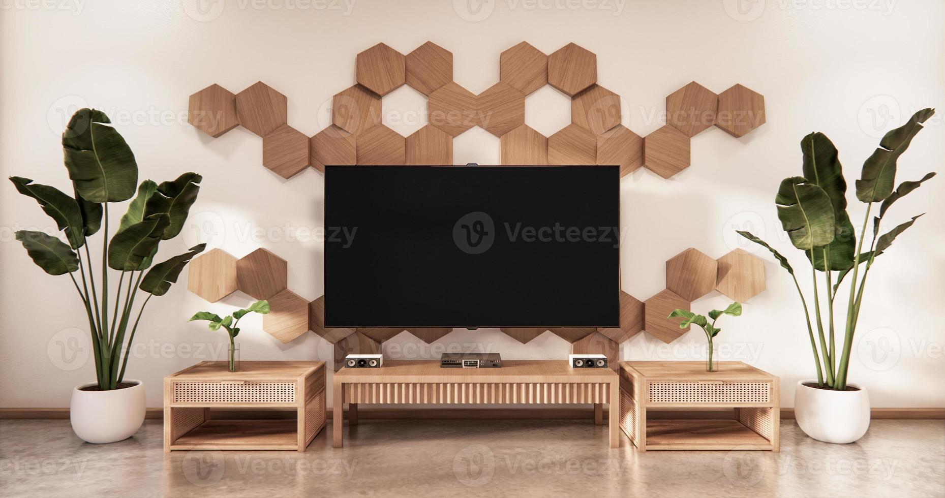 Holzschrank-TV mit Sechskant-Holzfliesen an der Wand und Tatami-Mattenboden im japanischen Stil. 3D-Rendering foto