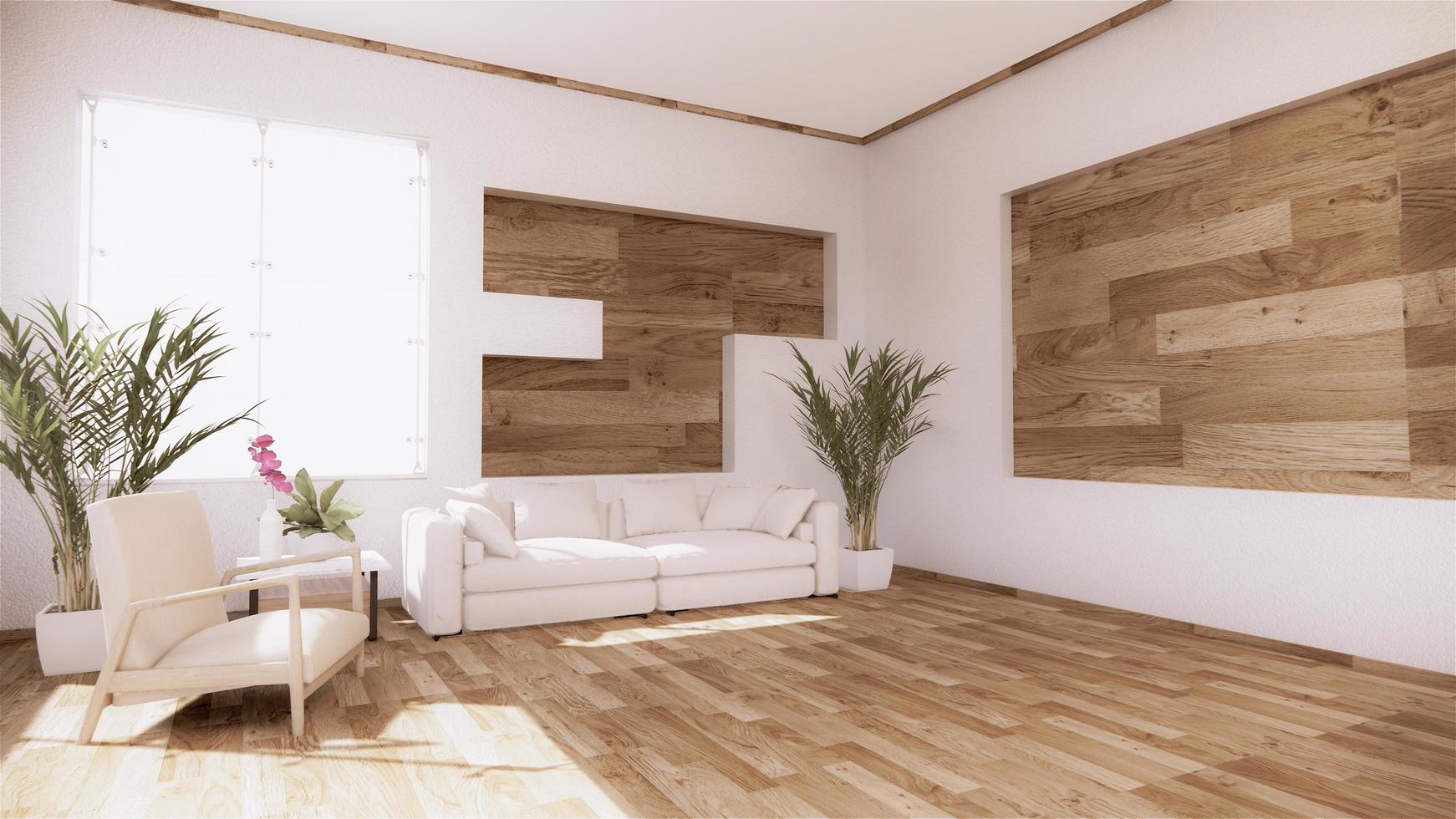 ein Wohnzimmer mit Sofa im minimalistischen Stil, weißes Wohnzimmer im tropischen Stil mit Holzmaserboden foto