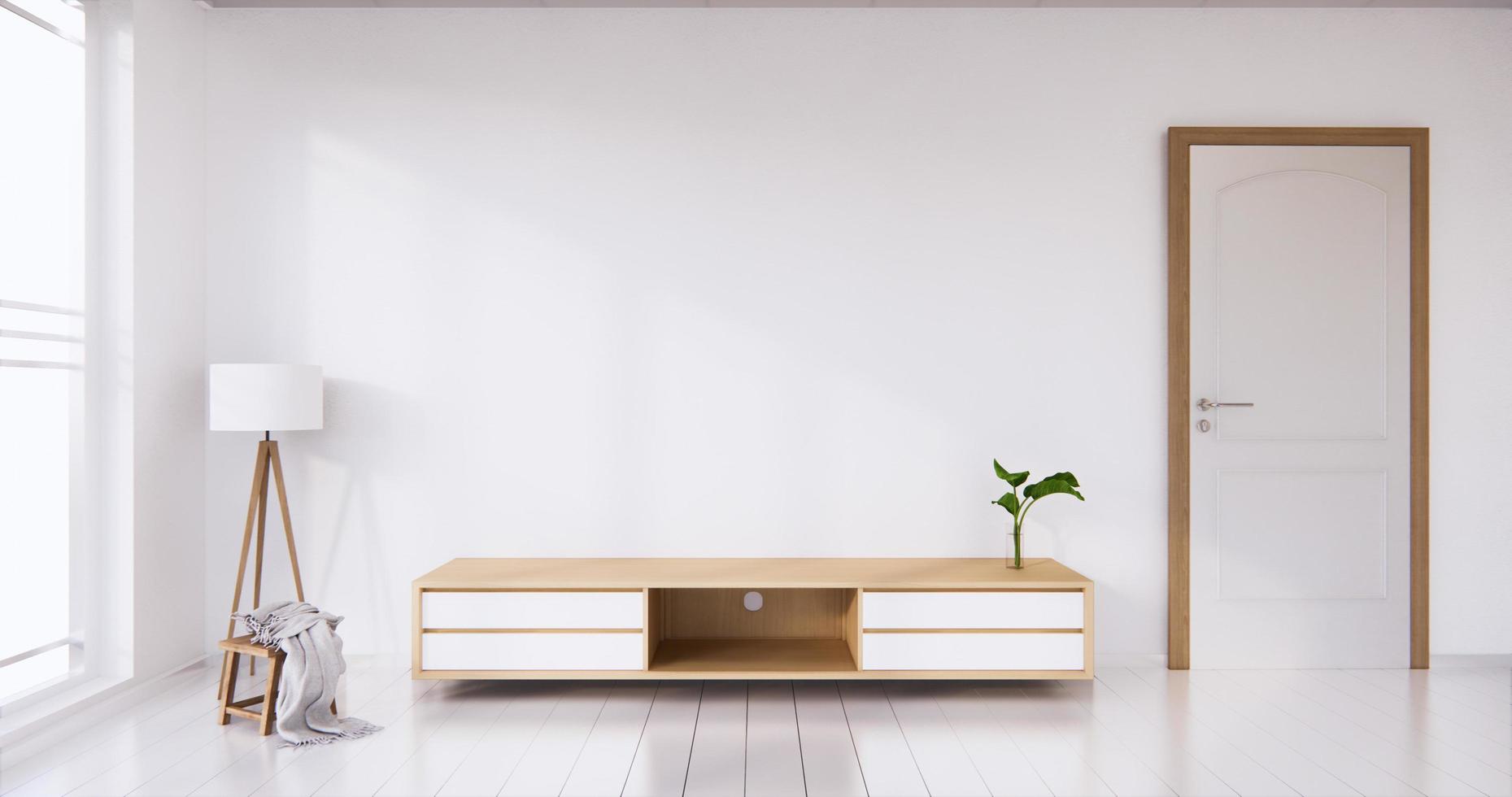 TV-Schrank-Display mit weißem Raum weißer Bodenbelag minimalistisches japanisches Wohnzimmer. 3D-Rendering foto