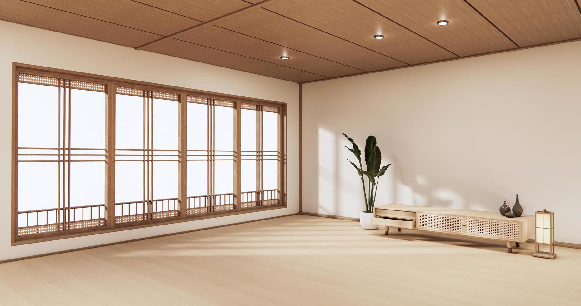 Holzschrank im modernen leeren Raum und weiße Wand auf weißem Bodenraum im japanischen Stil. 3D-Rendering foto