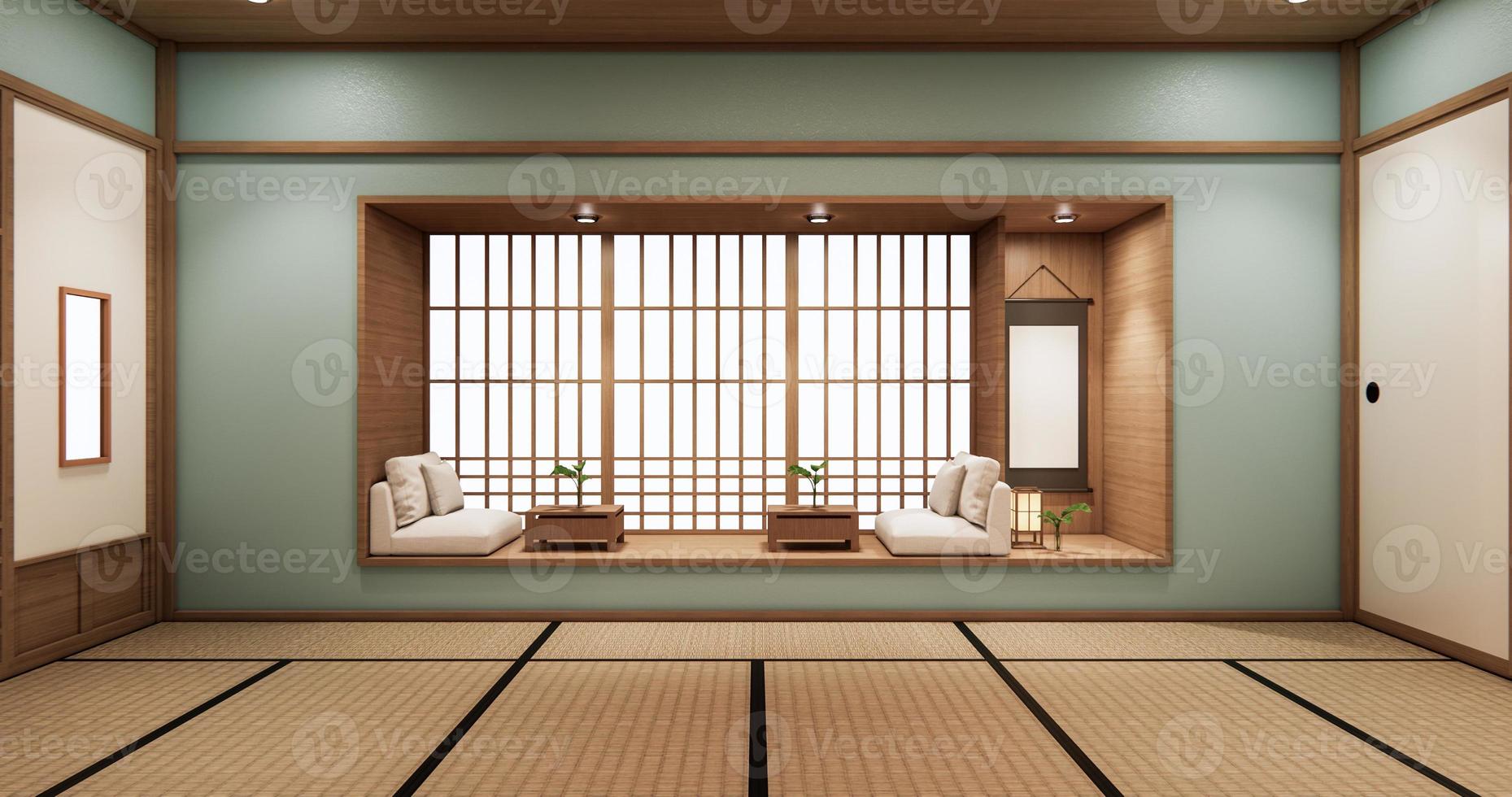 Cyan Living Regal Design im Zimmer im japanischen Stil minimalistisches Design. 3D-Rendering foto