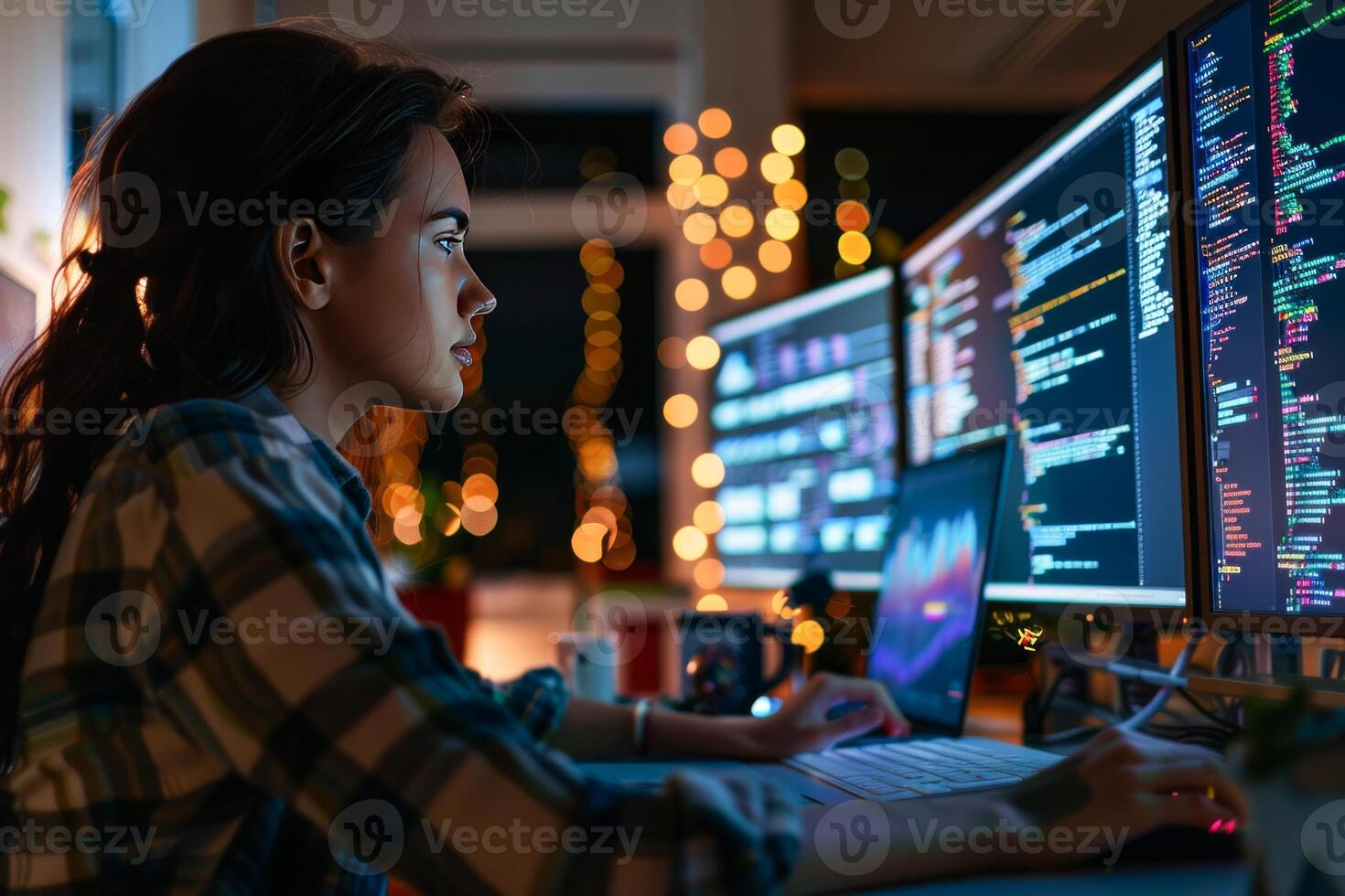 weiblich Software Ingenieur Arbeiten intensiv auf mehrere Computer Bildschirme beim Nacht foto
