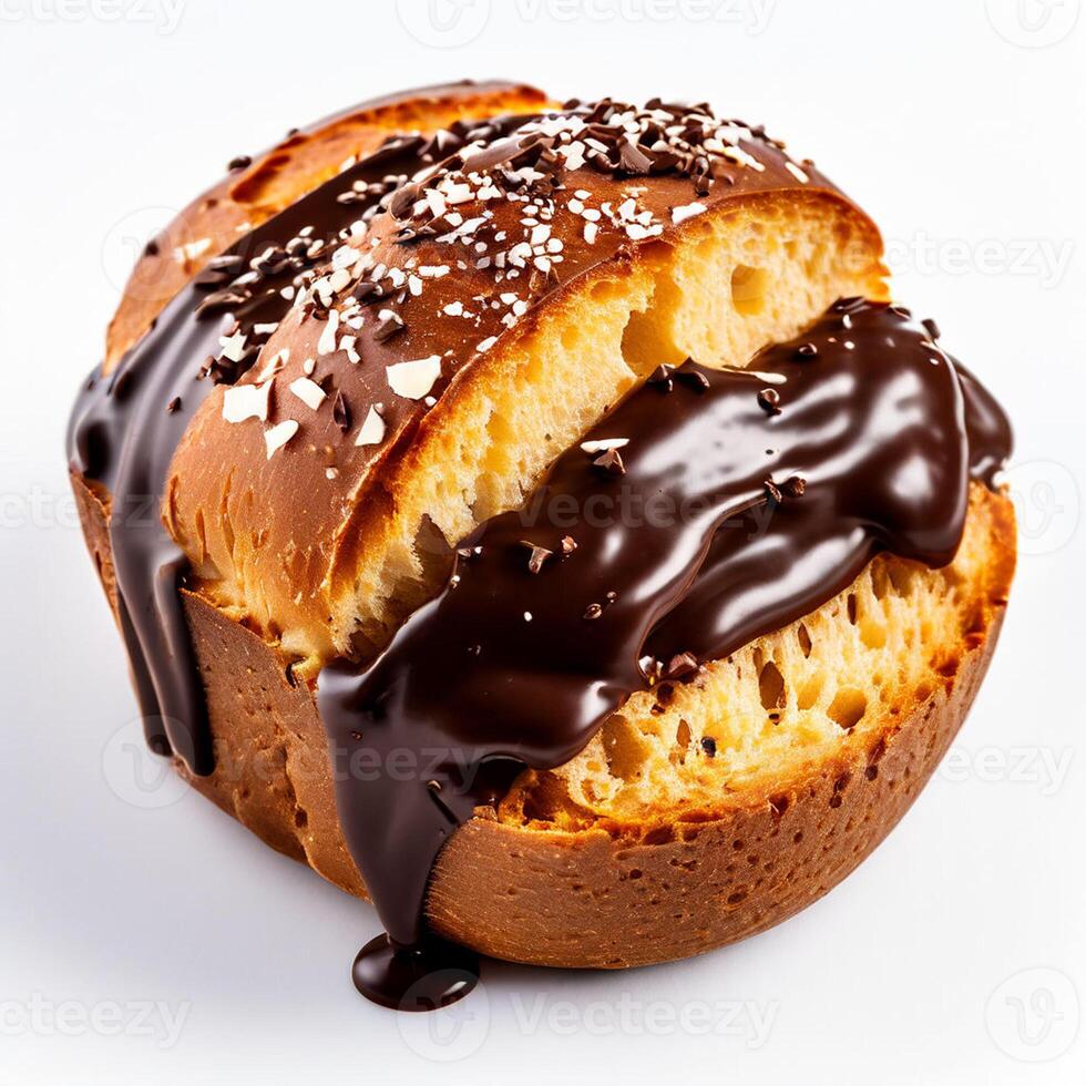 Toast Brot mit Haselnuss Ausbreitung. Süss Schokolade Sahne Weiß Hintergrund foto