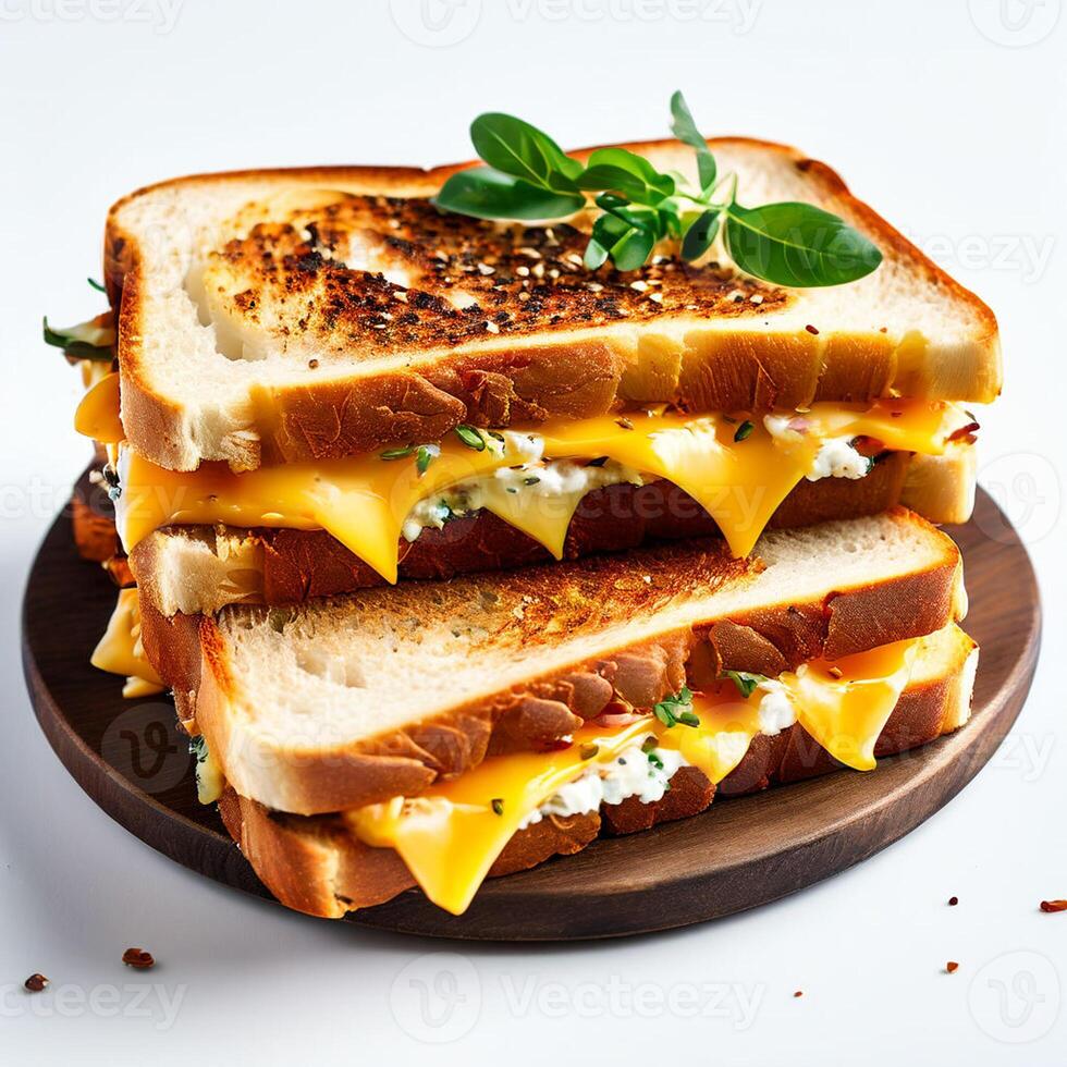 gegrillt Sandwiches mit geschmolzen Käse auf ein hölzern Tafel Weiß Hintergrund foto