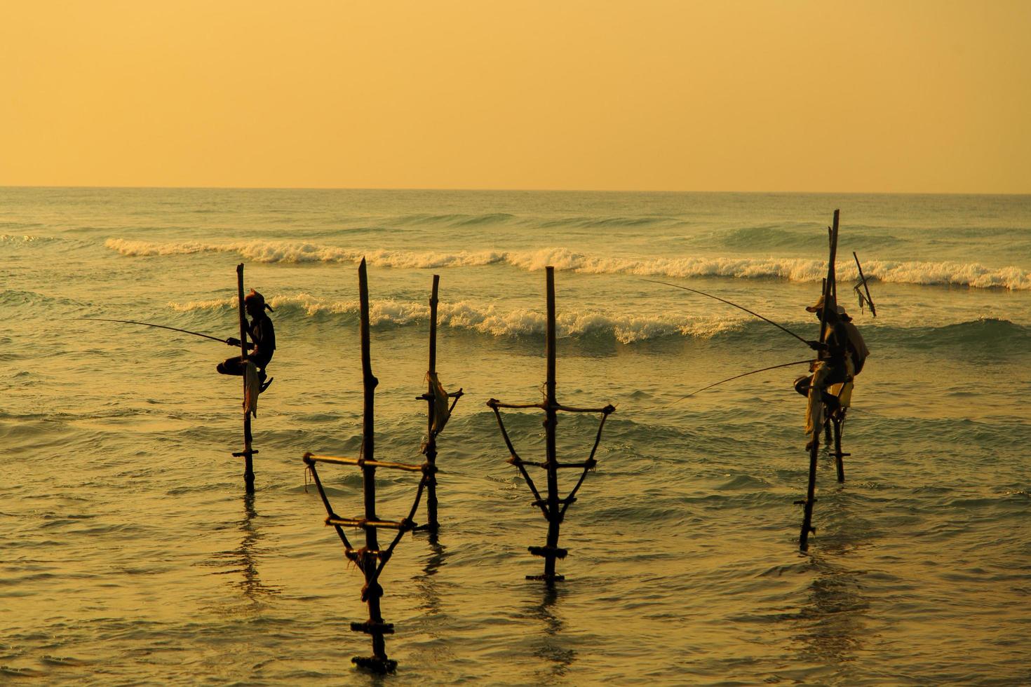 Unawatuna, Sri Lanka, 25. Januar 2014 - Unbekannte Stelzenfischer in Unawatuna, Sri Lanka. Stelzenfischerei ist etwas Besonderes im Bezirk Galle und es gibt etwa 500 Fischerfamilien im Küstengürtel. foto