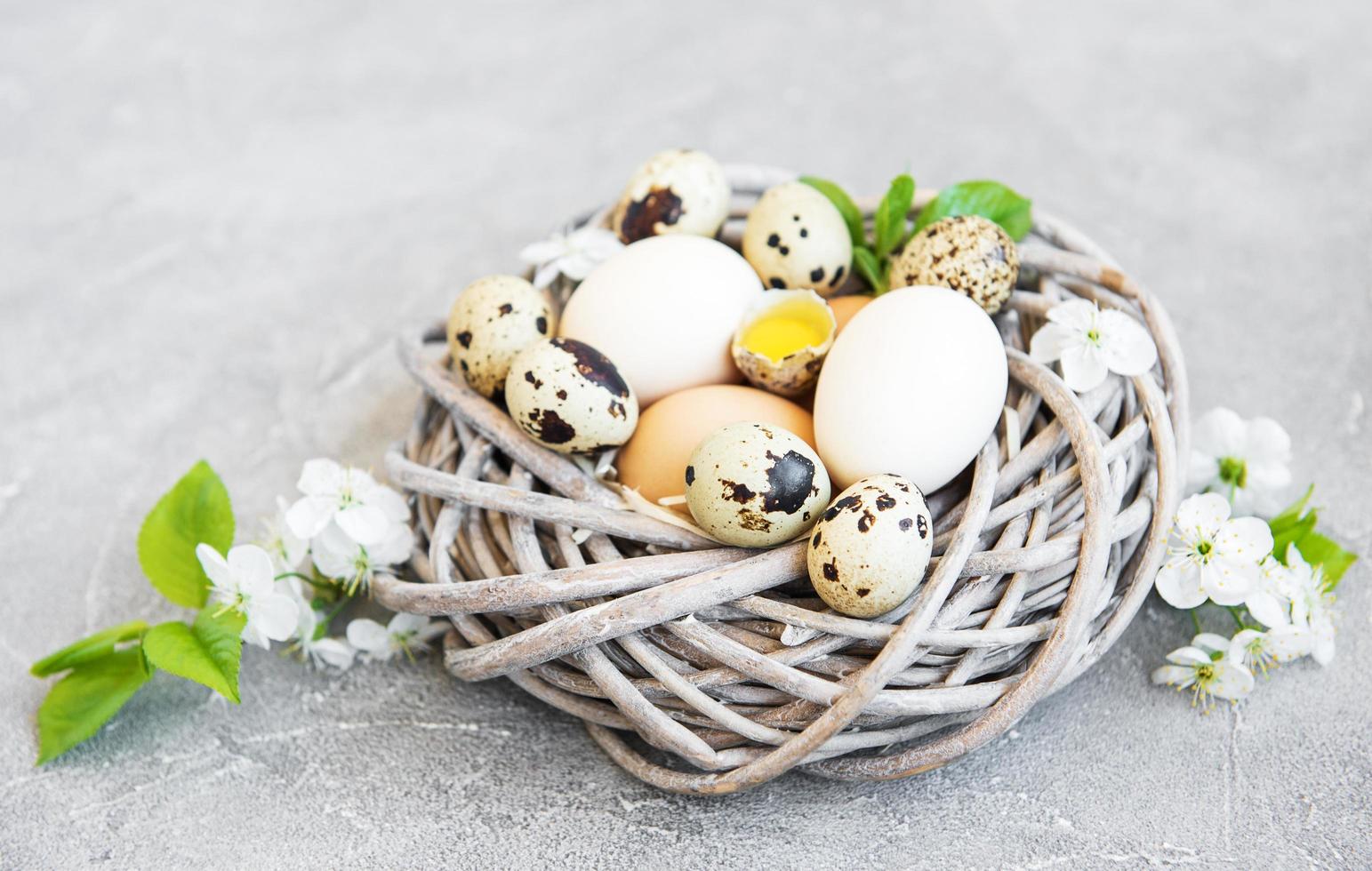 Nest mit Hühner- und Wachteleiern foto