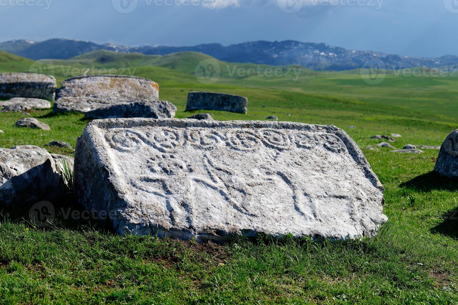 stecke mittelalterlich Grabsteine Friedhöfe im zabljak, Montenegro. historisch Platz von Interesse. das Grabsteine Feature ein breit Angebot von dekorativ Motive und Inschriften. foto