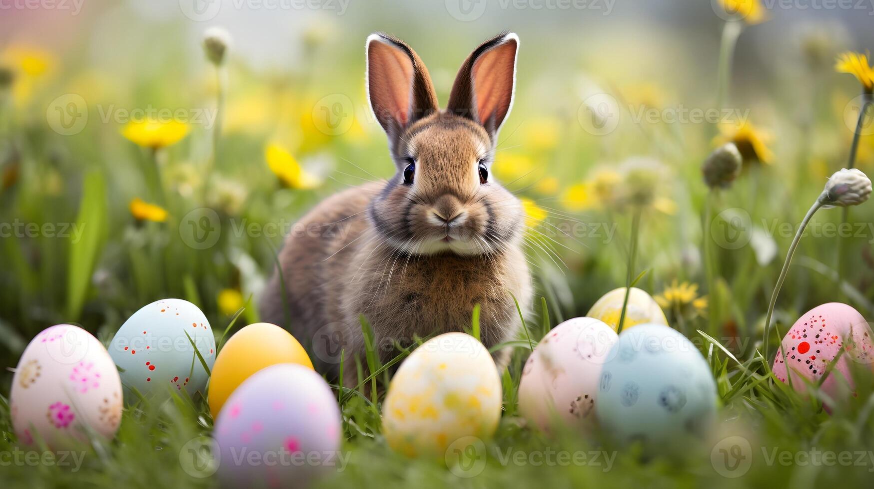 ein süß wenig Hase mit bunt Eier. Ostern Ei Konzept, Frühling Urlaub foto