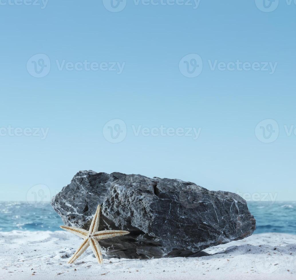 Hintergrund zum kosmetisch Produkte auf Strand mit Sand. natürlich Felsen Stein Podium und Seestern. leeren Vitrine zum Verpackung Produkt Präsentation. spotten oben Sockel im Sonnenlicht Meer Aussicht foto