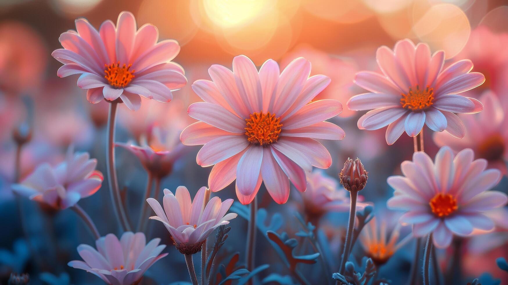 Feld von Blumen mit Sonne im Hintergrund foto