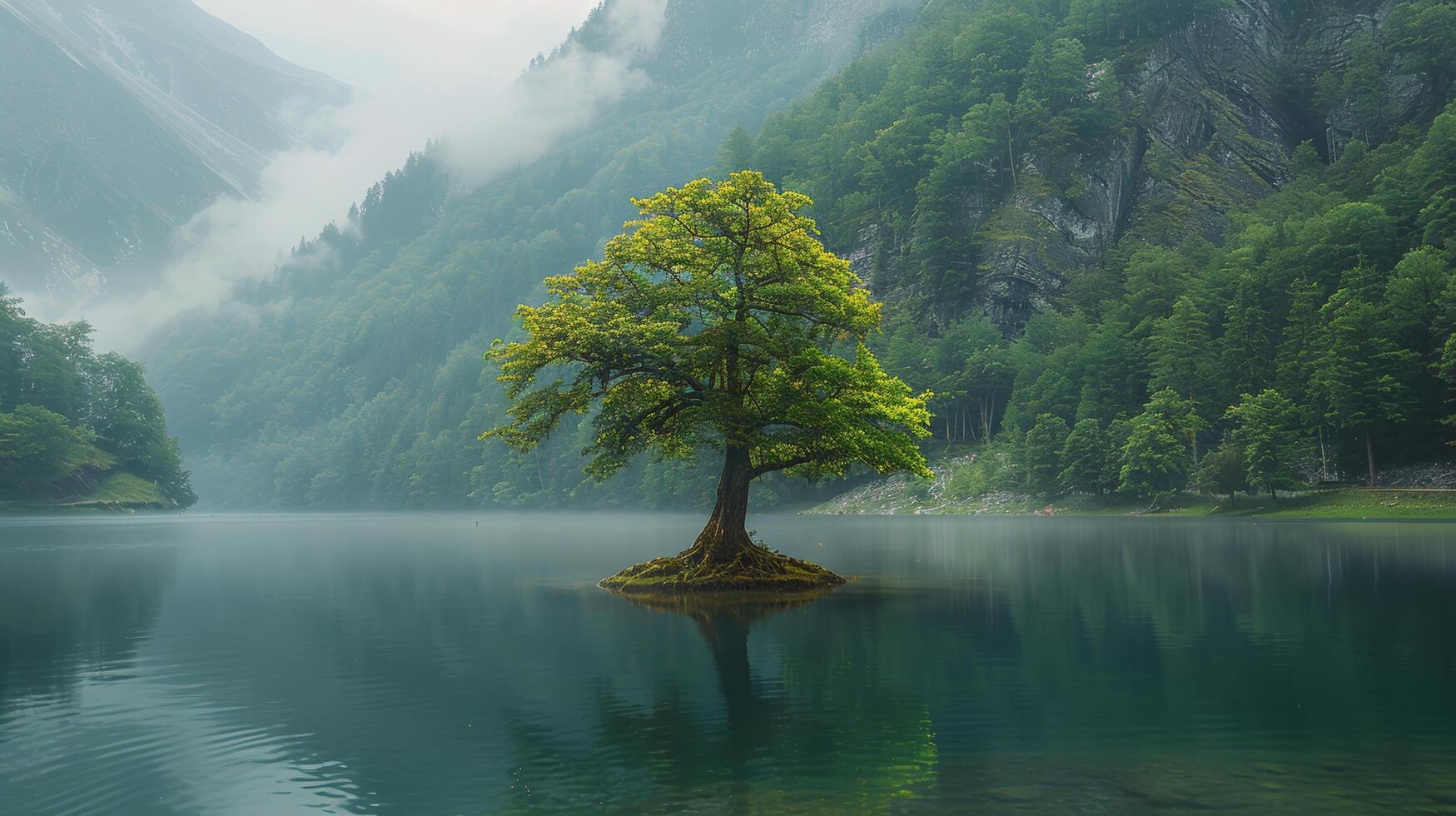 einsam Baum im Mitte von See foto