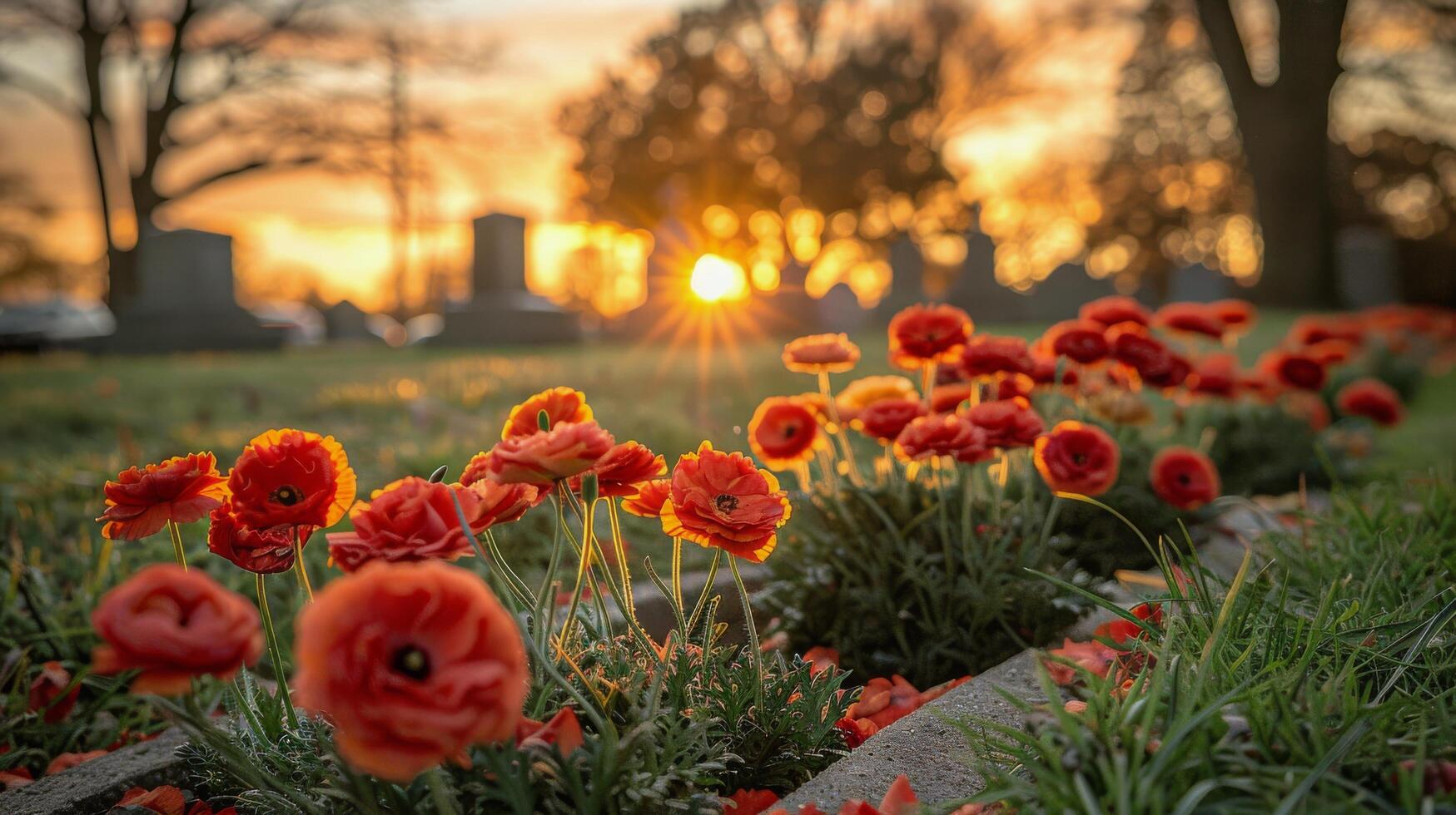 Feld von rot Blumen Nächster zu Friedhof foto