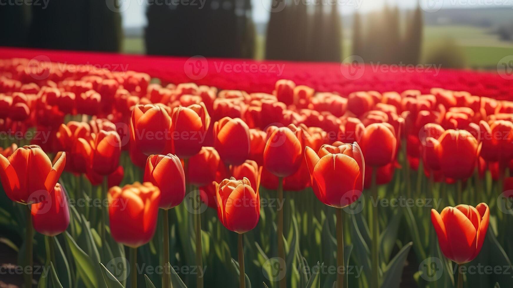 rot Tulpen Blühen Blumen Feld sonnig Tag gark Bauernhof Garten Holland Land Landschaft Horizont foto