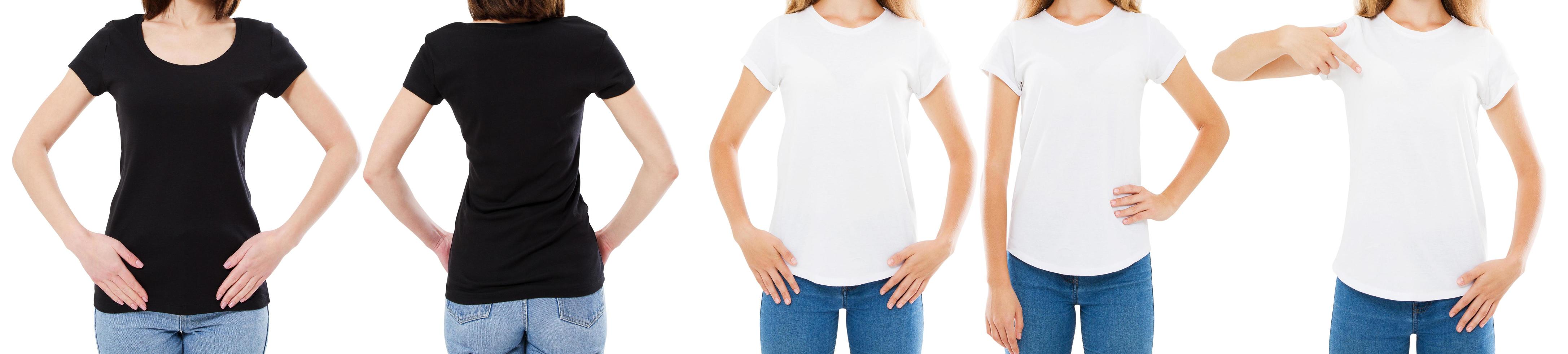 Frau im weißen und schwarzen T-Shirt isoliert Vorder- und Rückansicht beschnittenes Bild leere T-Shirt-Optionen, Mädchen im T-Shirt-Set. Attrappe, Lehrmodell, Simulation. Shirt-Design und People-Konzept. foto