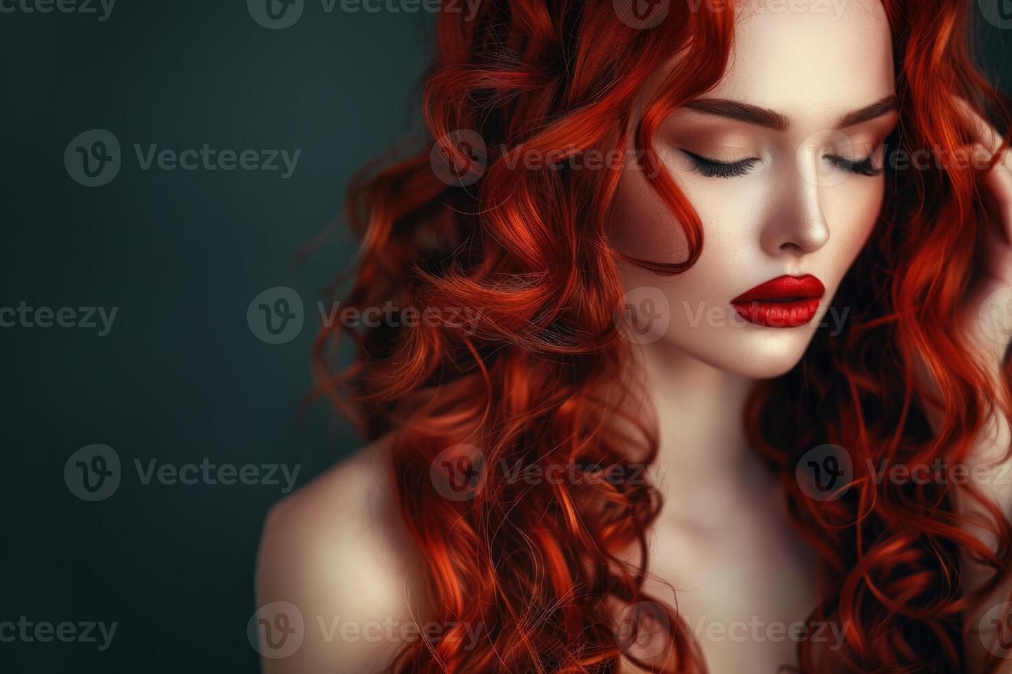ai generiert Mode Porträt von Frau mit lange lockig rot Haar. foto