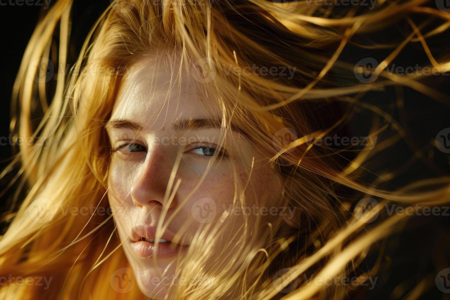 schön Frau mit lange golden Haar im Bewegung Studio Schuss foto