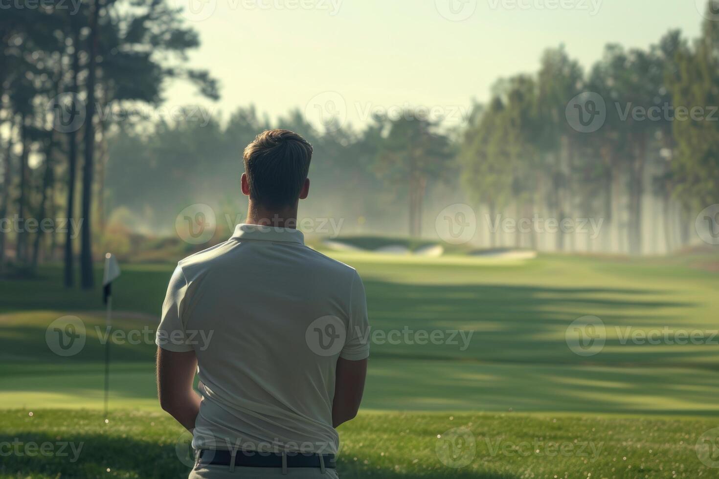 ai generiert Golf Spieler im ein Weiß Hemd Stehen auf ein Golf Kurs. foto