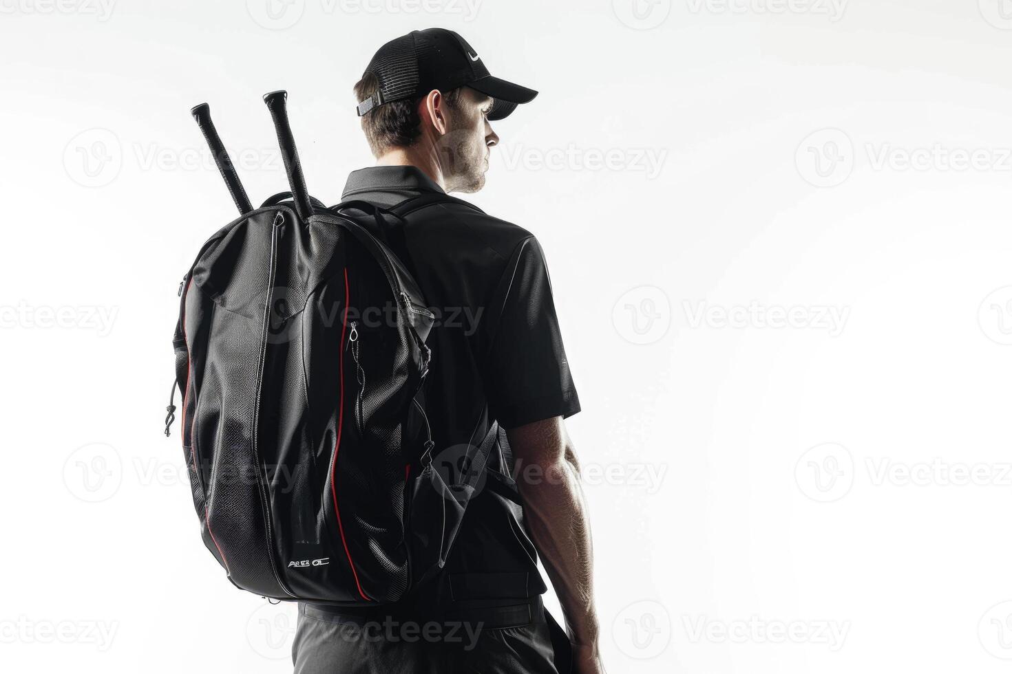 ai generiert Golf Spieler im ein schwarz Hemd Stehen mit ein Tasche von Golf Vereine auf seine zurück auf ein Weiß Hintergrund. foto