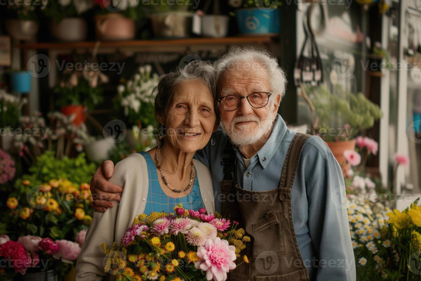 Alten Paar im besitzen Blume Geschäft. Konzept von klein Geschäft. foto