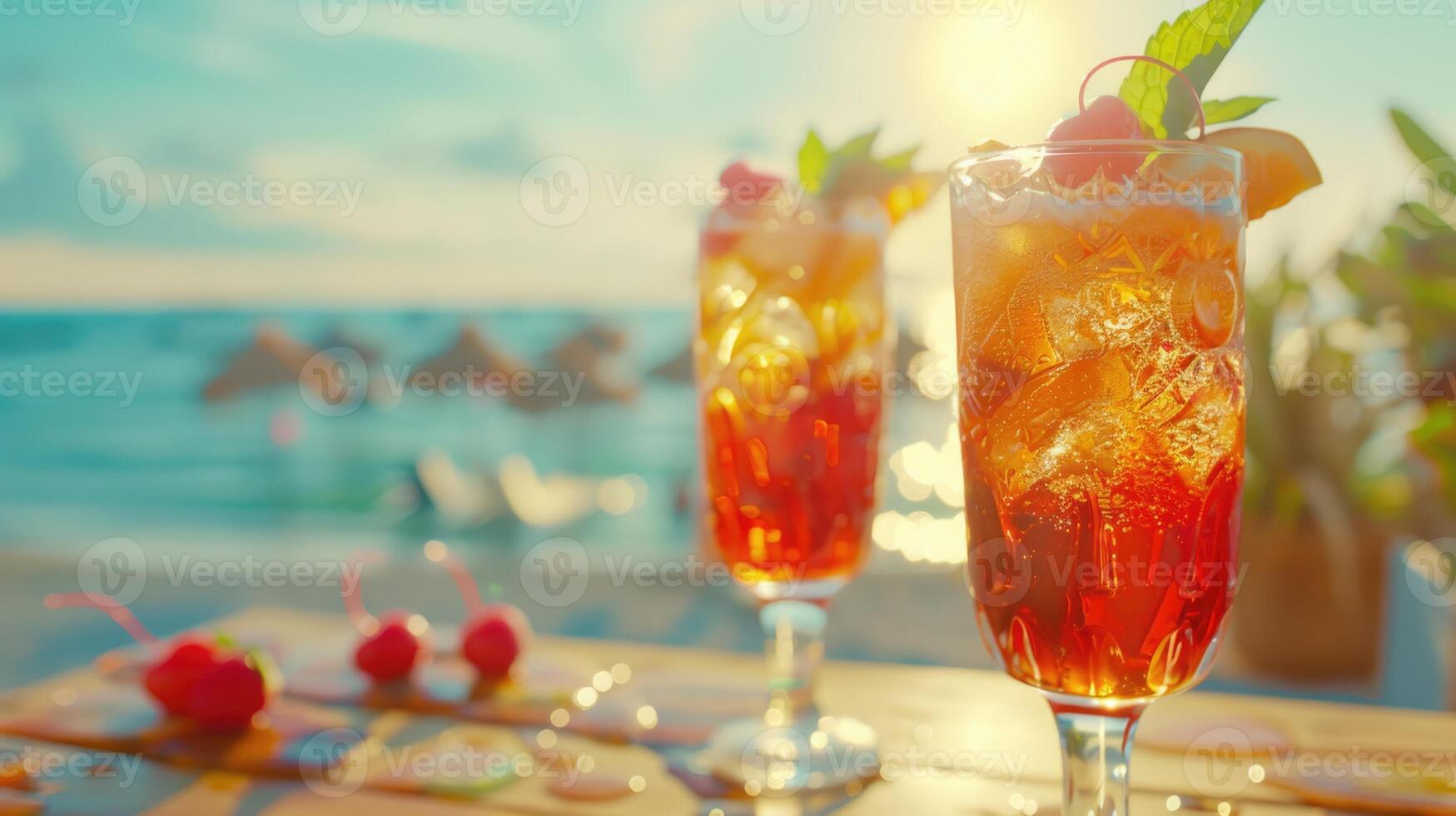 Obst Cocktails auf hölzern Tabelle mit Strand Hintergrund. foto
