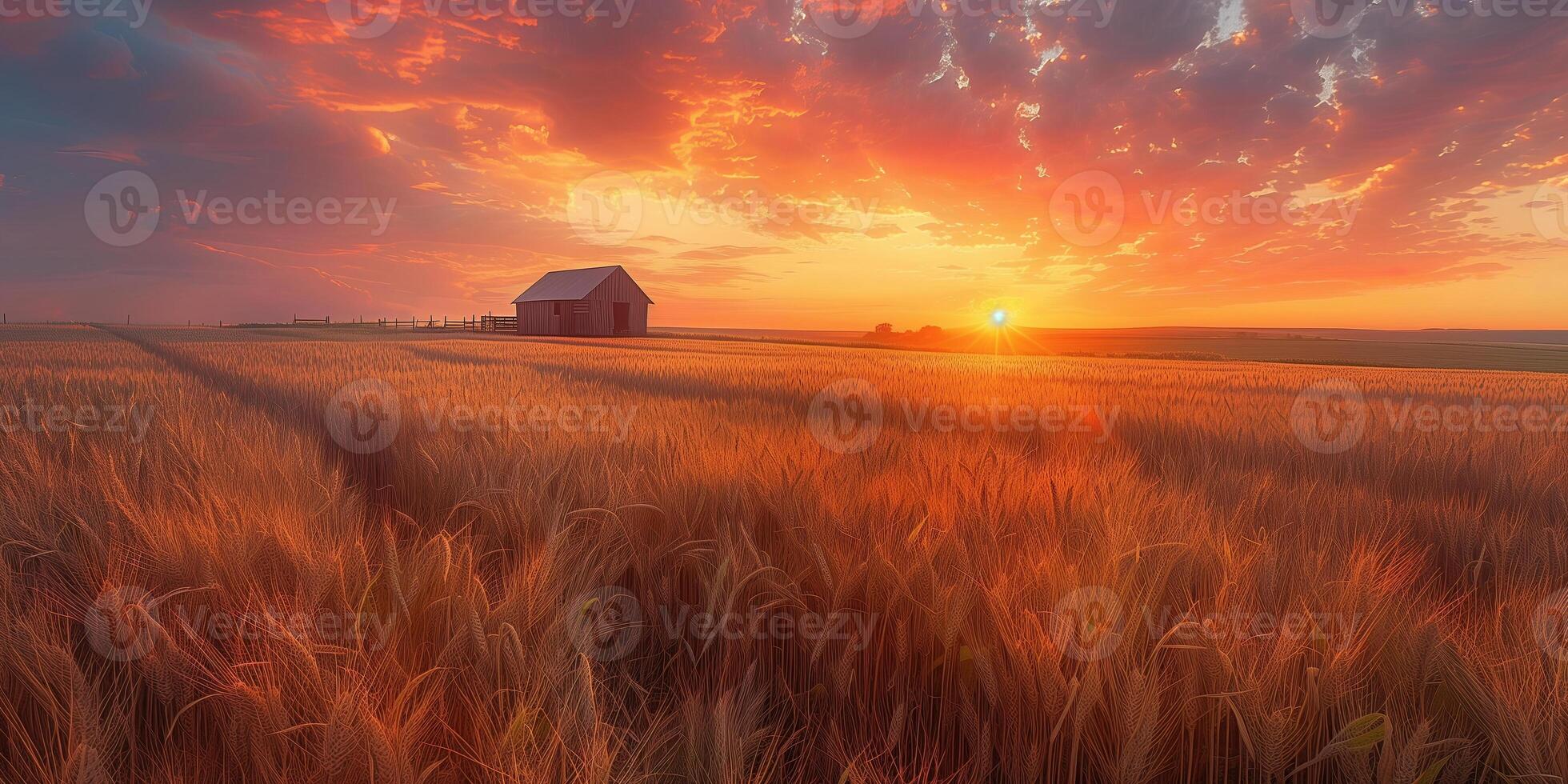 ai generiert landwirtschaftlich Korn Bauernhof mit Blick auf ein Weizen Feld foto