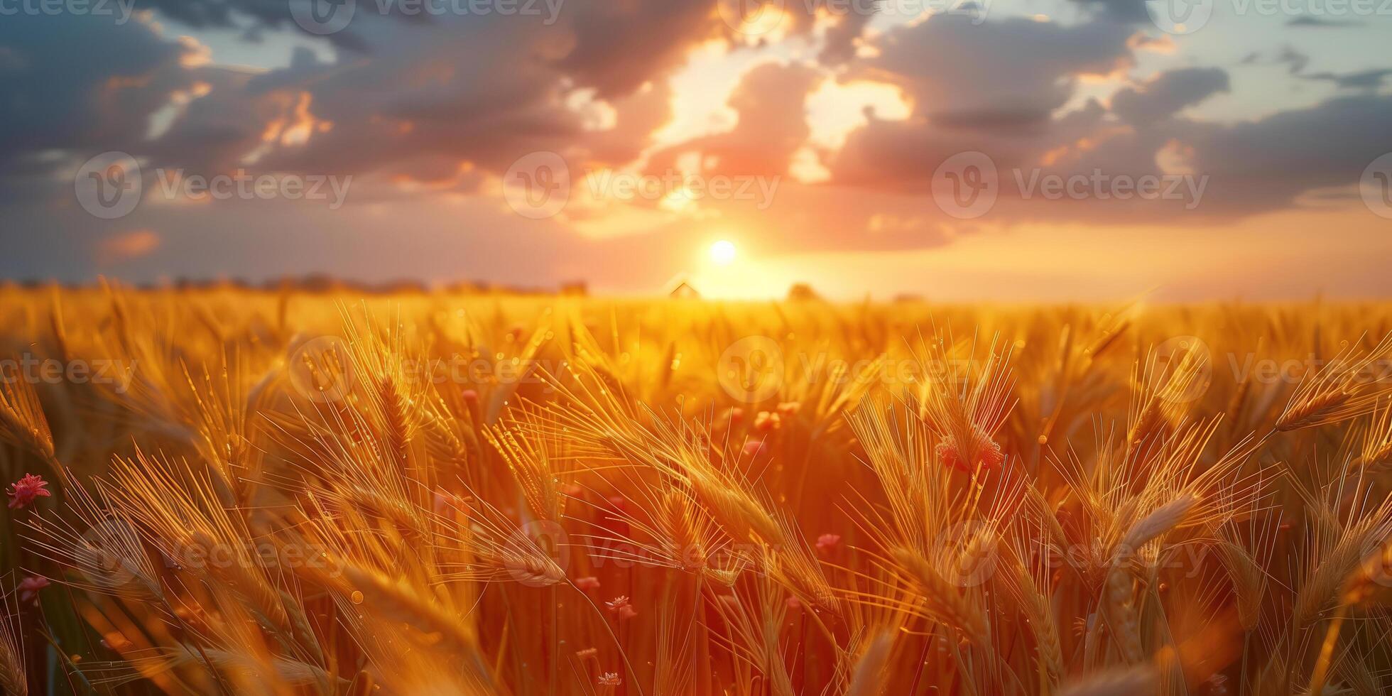 ai generiert landwirtschaftlich Korn Bauernhof mit Blick auf ein Weizen Feld foto