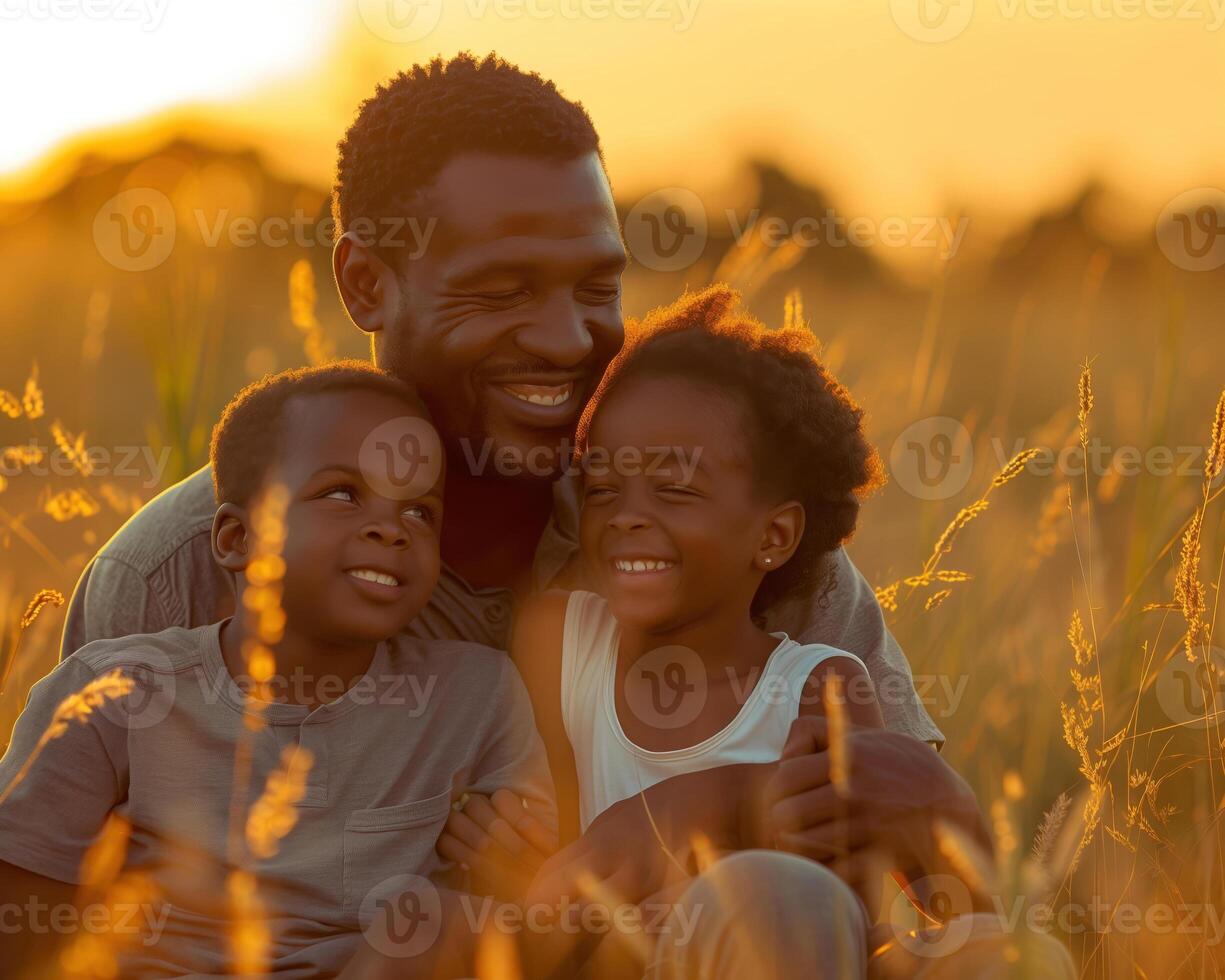 ai generiert Familie Einheit Thema mit froh Kinder und Vater zum Vaters Tag Urlaub foto