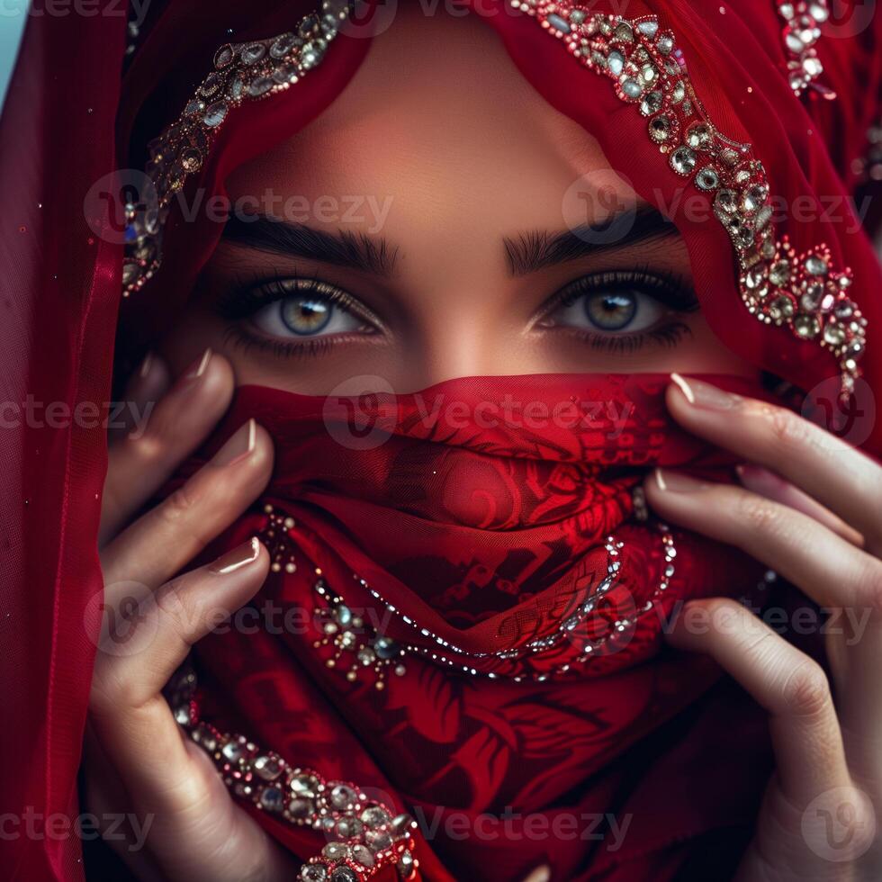 ein östlichen Mädchen mit fesselnd Augen im traditionell orientalisch Kleidung foto