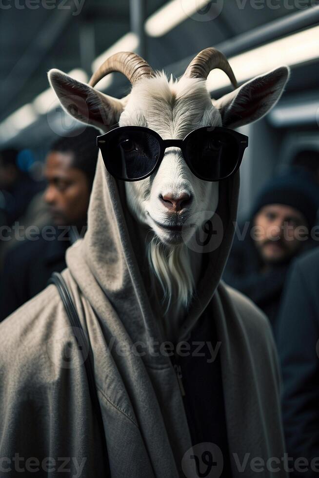 ein Ziege tragen Sonnenbrille und ein Kapuzenpullover auf ein U-Bahn foto