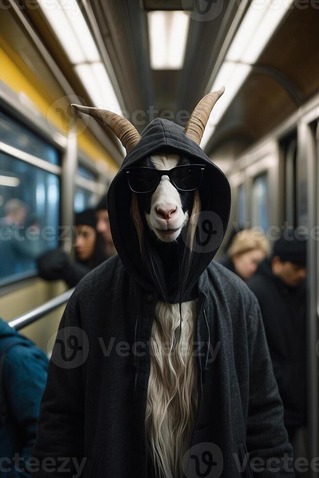ein Ziege tragen Sonnenbrille und ein Kapuzenpullover auf ein U-Bahn foto