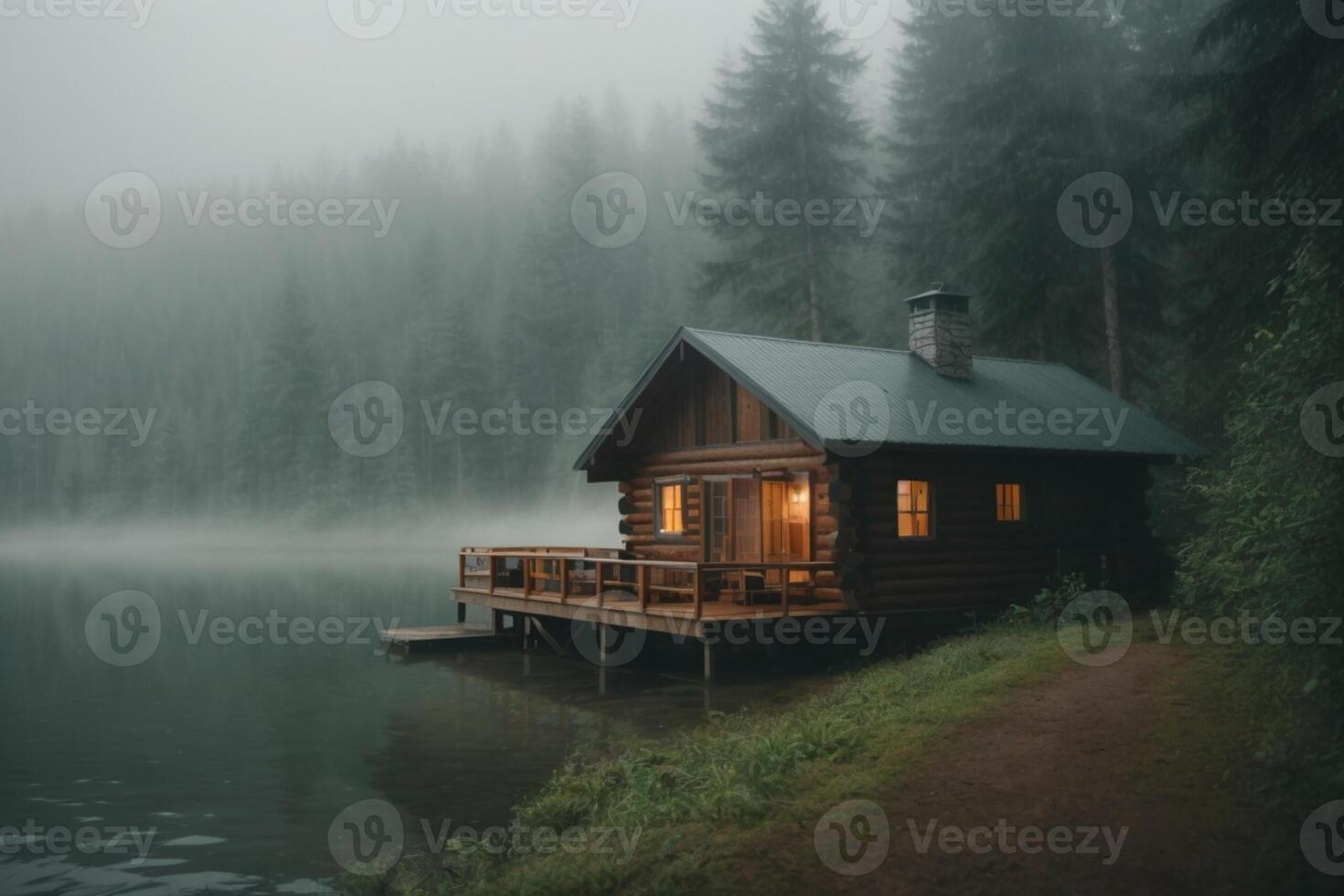 ein Kabine sitzt auf das Ufer von ein See im das Nebel foto