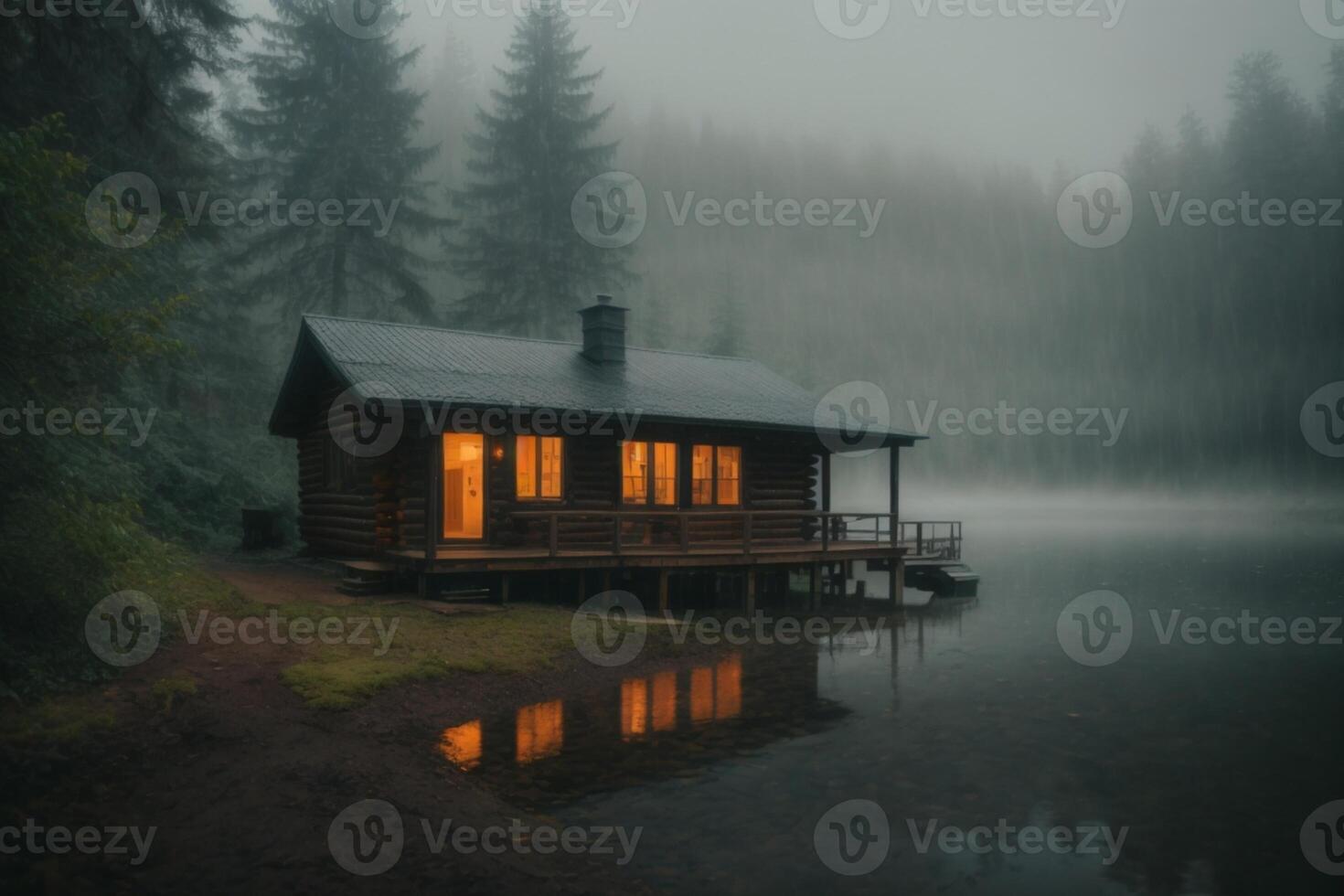 ein Kabine sitzt auf das Ufer von ein See im das Nebel foto