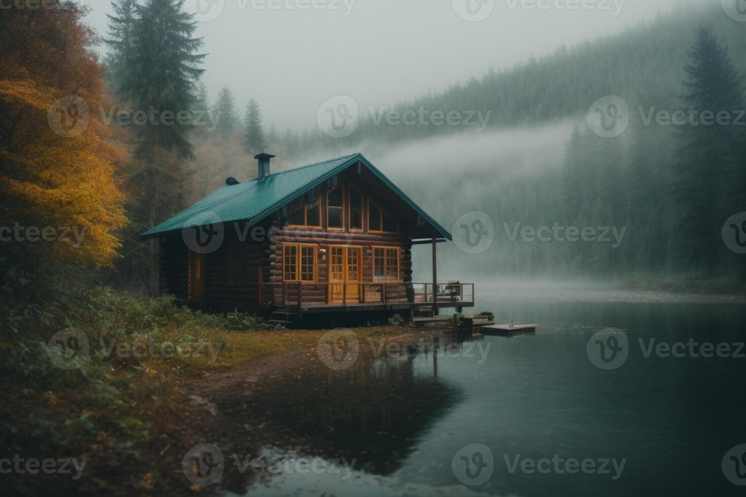 ein Kabine sitzt auf das Ufer von ein See im das Nebel foto