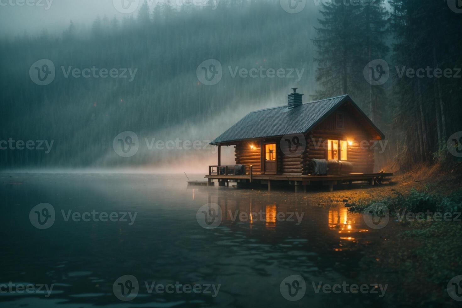 ein Kabine sitzt auf das Ufer von ein See im das Nebel foto