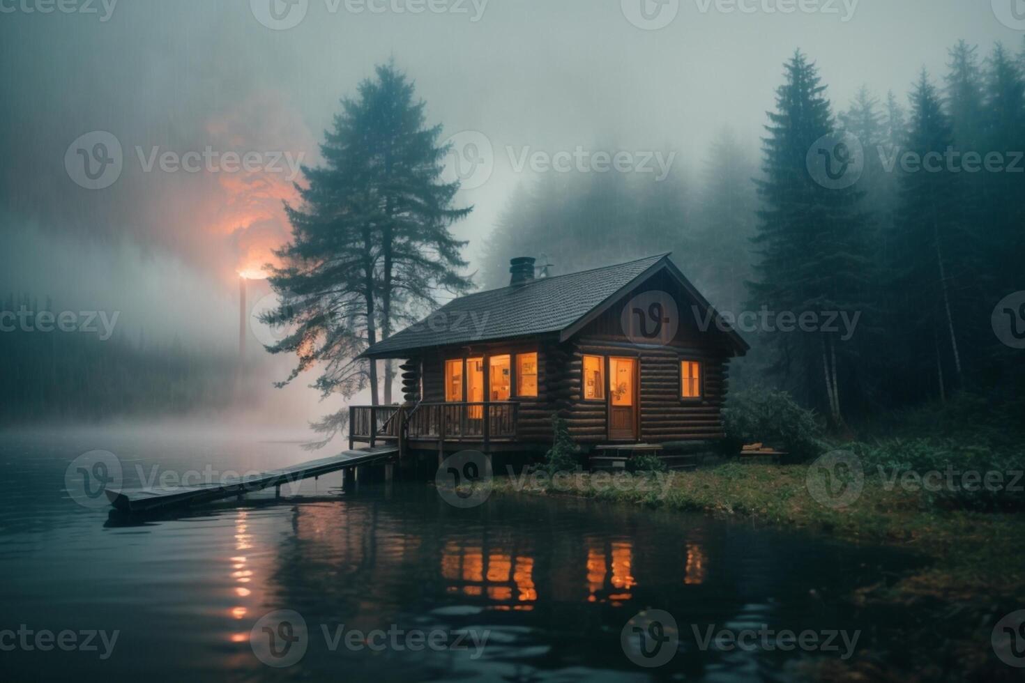 ein Kabine sitzt auf das Ufer von ein See beim Dämmerung foto