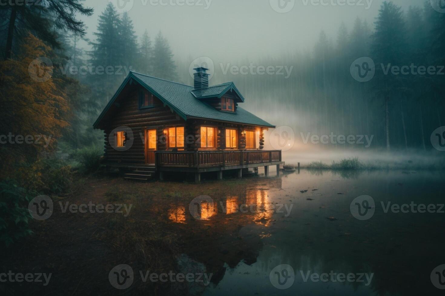 ein Kabine sitzt auf das Ufer von ein See beim Dämmerung foto