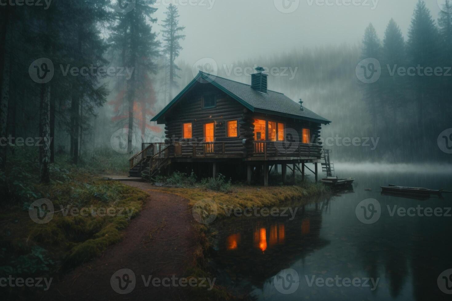 ein Kabine sitzt auf das Ufer von ein See beim Dämmerung foto