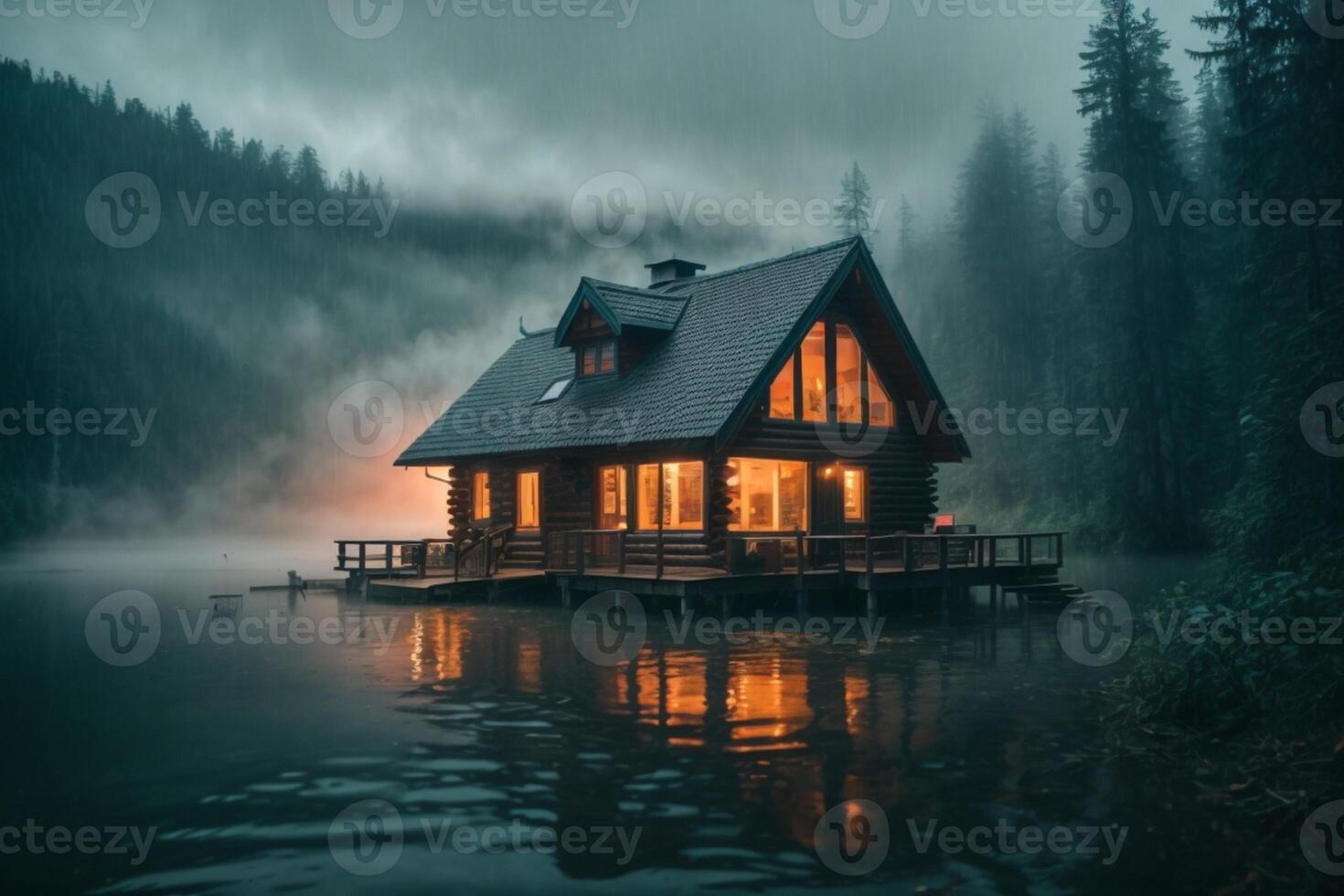 ein Kabine sitzt auf das Ufer von ein See beim Dämmerung foto