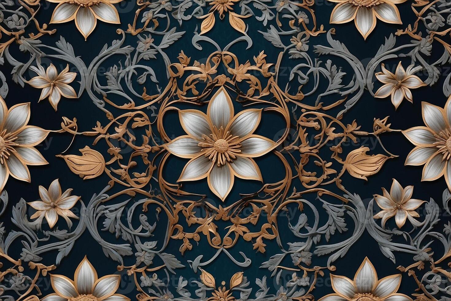 ein aufwendig Blumen- Muster auf ein dunkel Blau Hintergrund foto