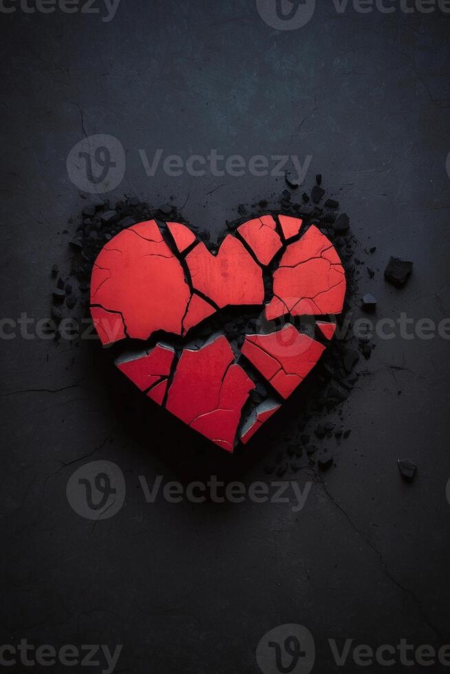 gebrochen Herz Konzept mit rot Herz auf schwarz Hintergrund foto