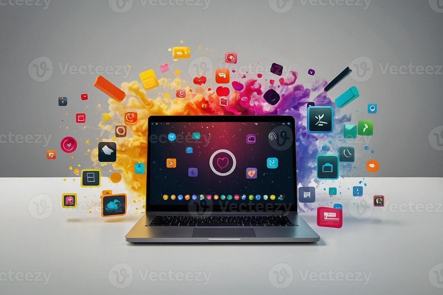 Laptop mit viele App Symbole auf das Bildschirm foto