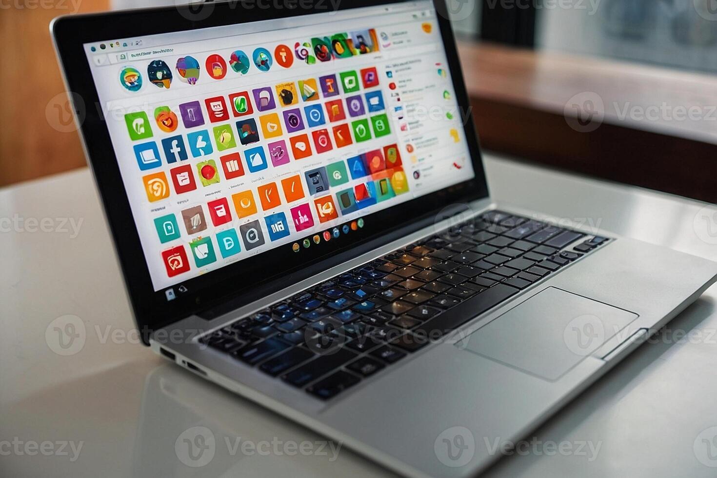 ein Laptop Computer mit bunt Symbole auf das Bildschirm foto