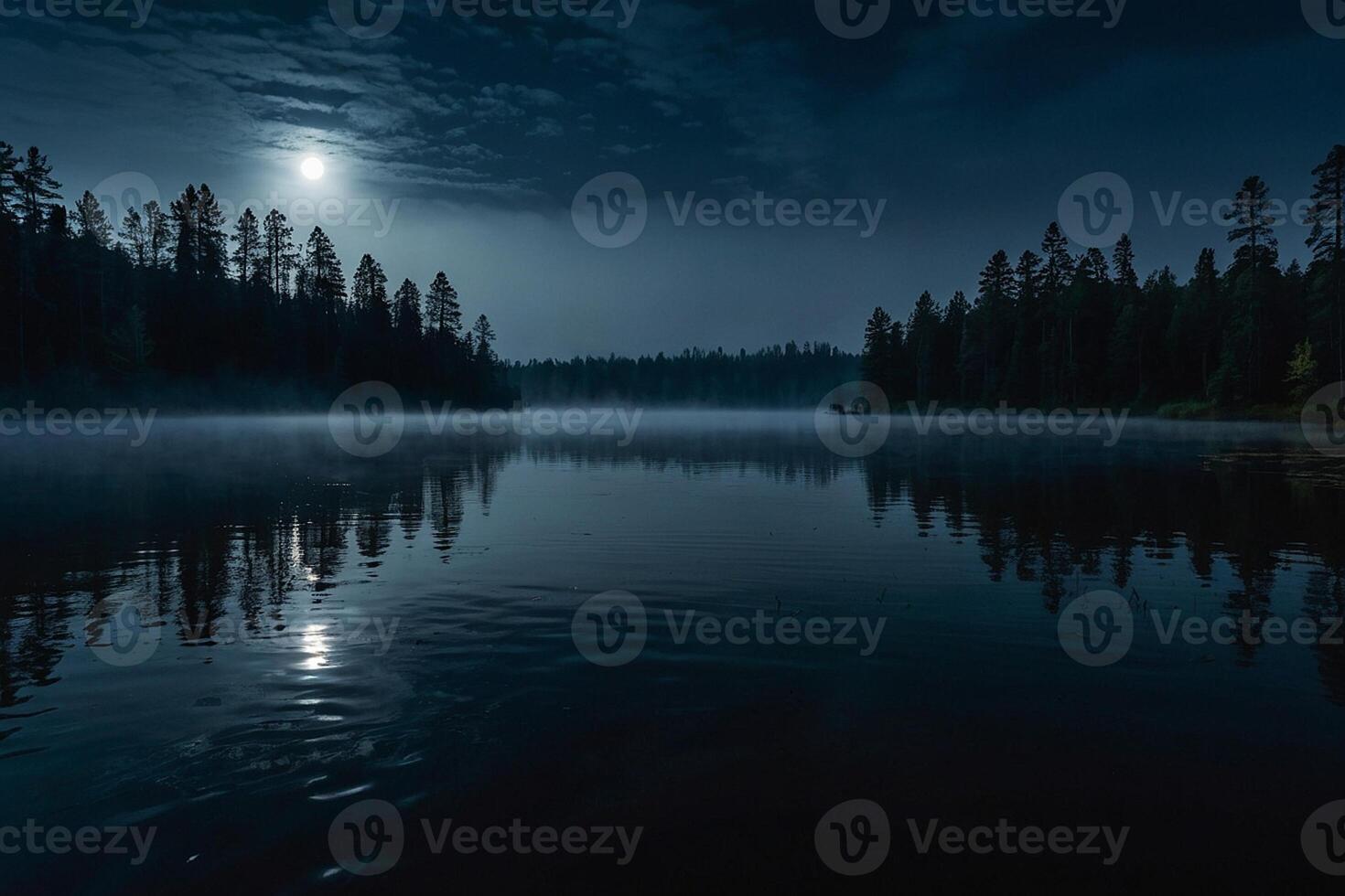 ein Mond steigt an Über ein See beim Nacht foto