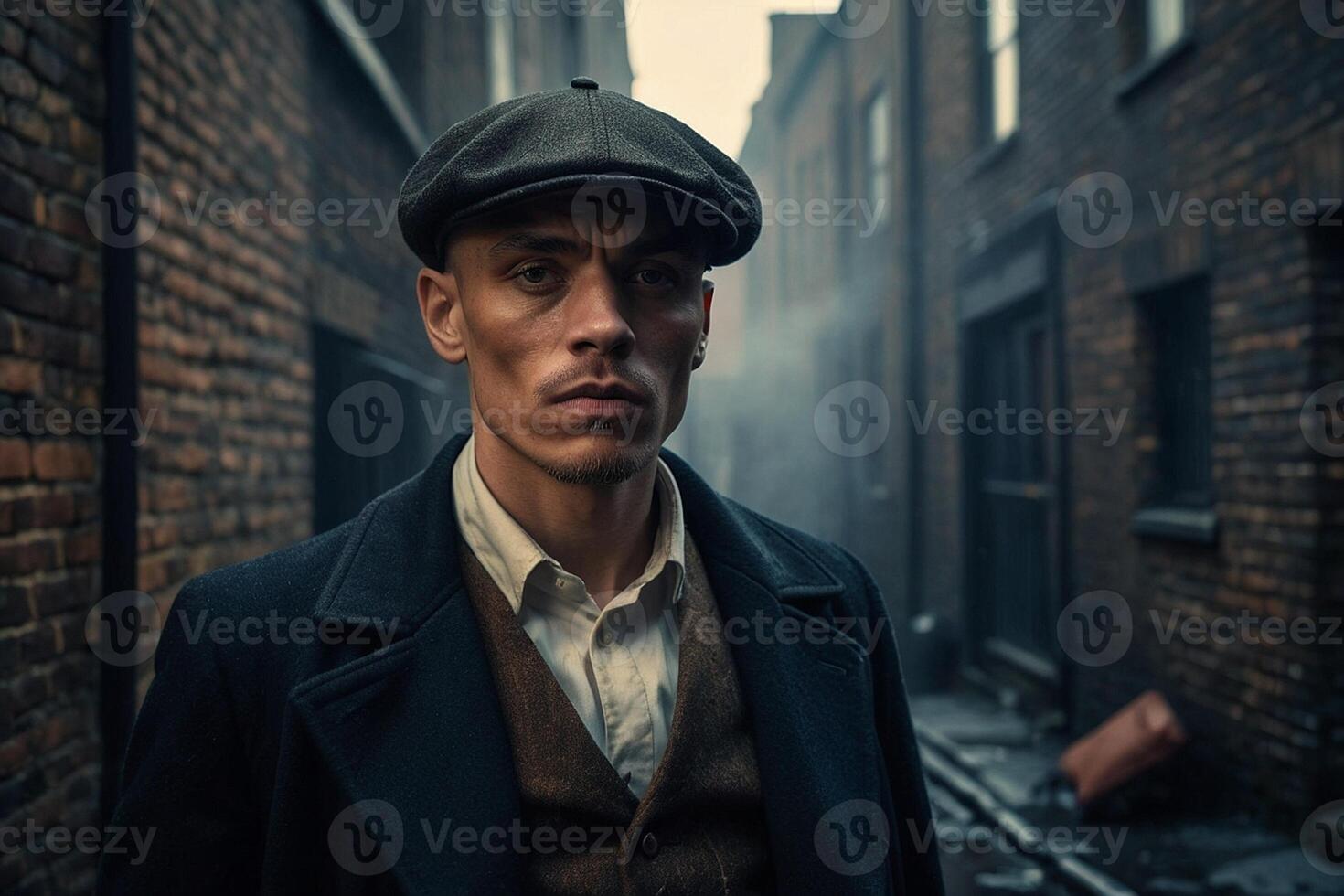 Gangster im ein Hut und Mantel Stehen im ein Gasse foto