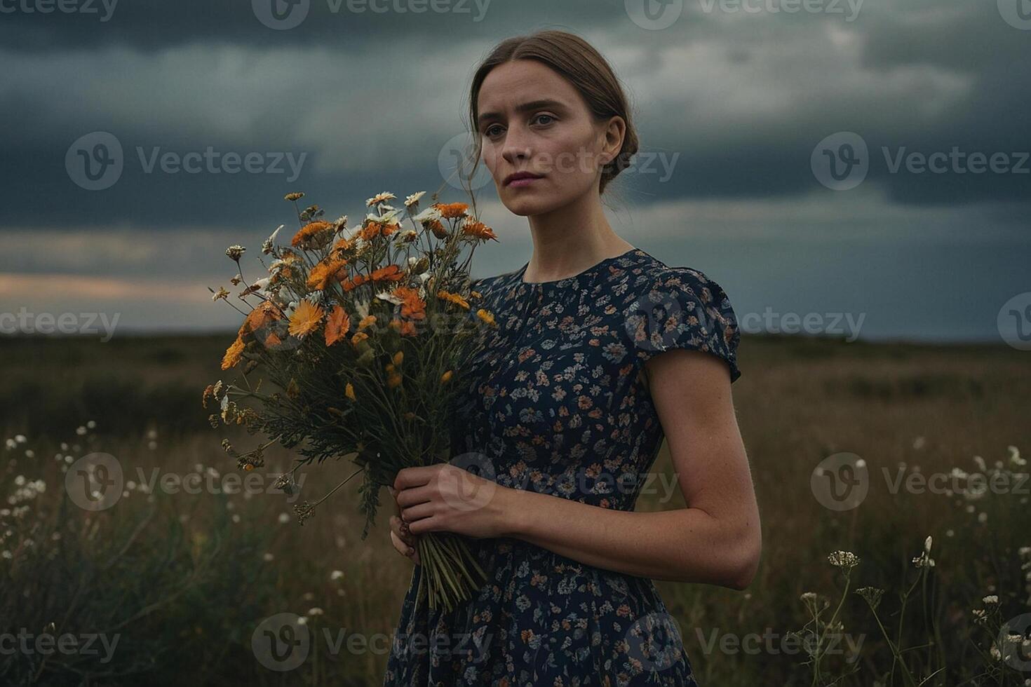 ein Frau im ein Blumen- Kleid halten Blumen im ein Feld foto