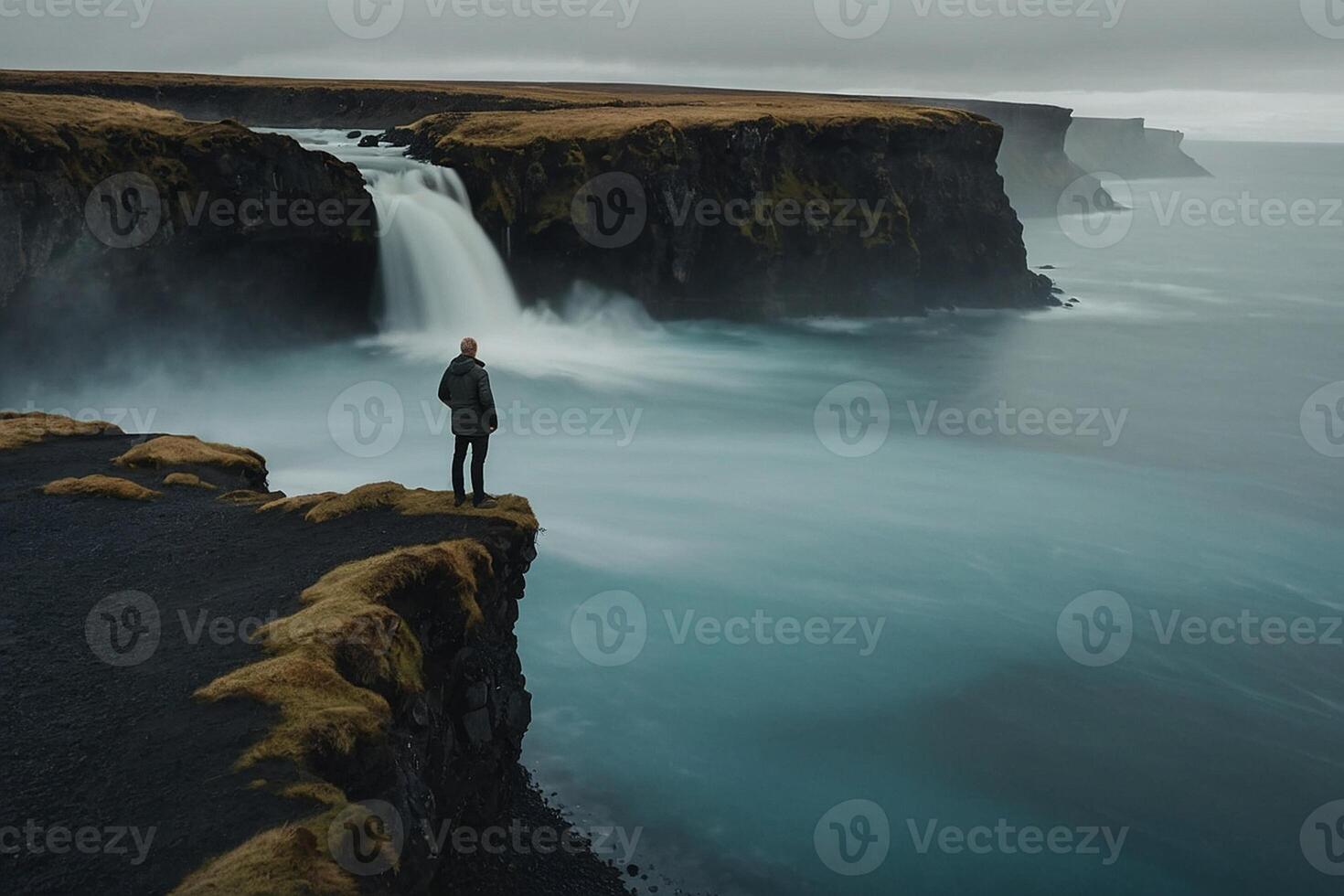 Mann Stehen auf das Kante von ein Wasserfall suchen beim das Ozean foto