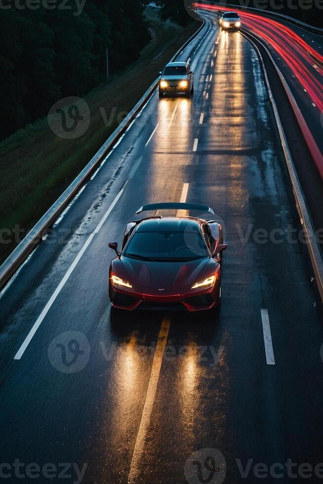 ein Sport Auto Fahren auf ein nass Straße beim Nacht foto