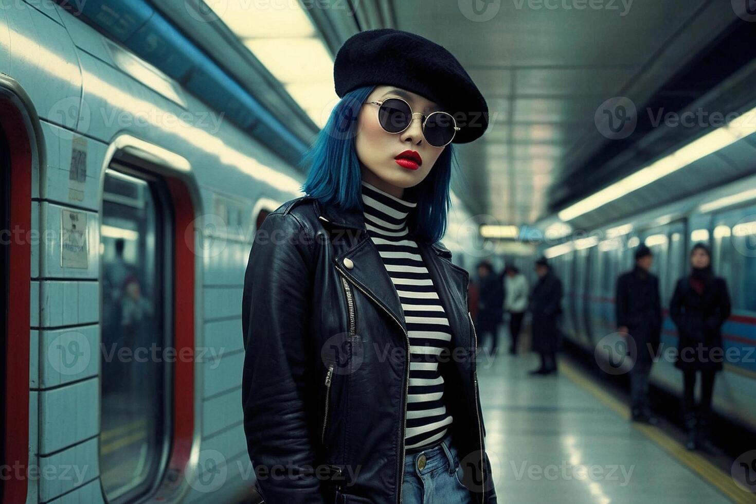 ein Frau mit Blau Haar und ein schwarz Hut Stehen im Vorderseite von ein U-Bahn Zug foto